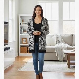 NEW Chico's Soft Leopard Leo Cardigan Women 3 XL Gray Black Long Line Semi Sheer